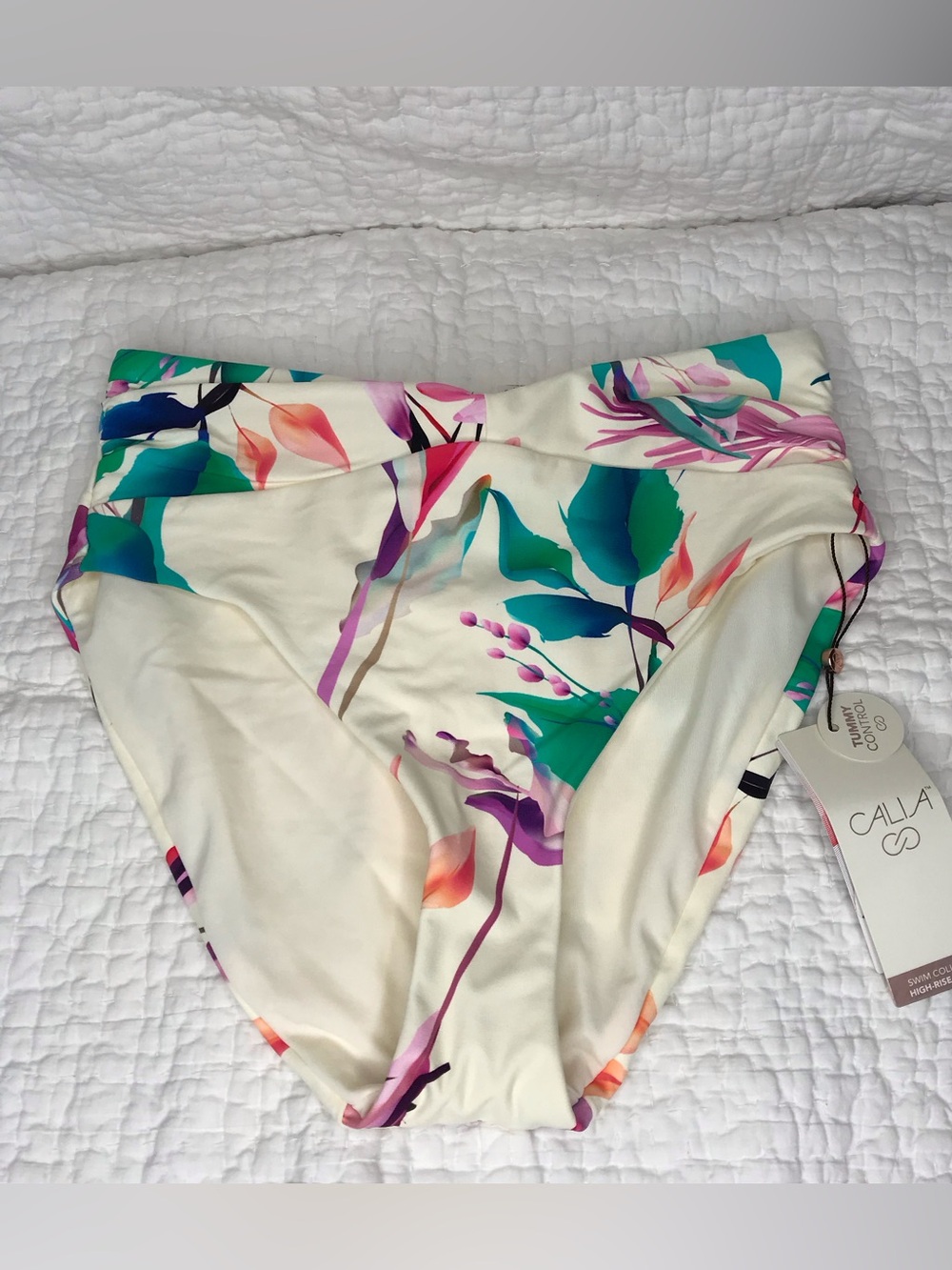 CALLA Floral High-Rise Bikini Bottoms in Cream with Teal & Purple Print Sz XS